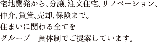 宅地開発から、分譲、注文住宅、リノベーション、仲介、賃貸、売却、保険まで。住まいに関わる全てをグループ一貫体制でご提案しています。